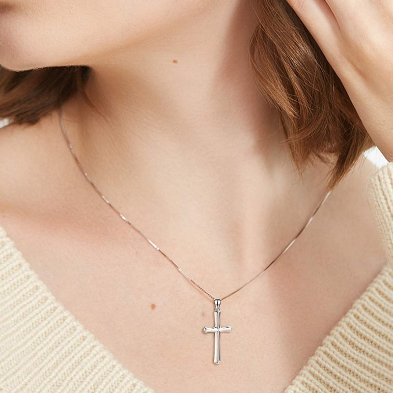 LUHE Cross Necklace Women Sterling Silver Religious Engraved Faith Hope Love Cross Pendant Necklace Jewelry Christmas Gifts for Women Unisex (Cross Necklace-Silver) - Image 2